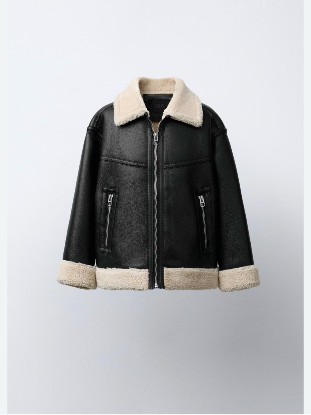 Zara Black Faux-Leather Aviator Jacket with Cream Shearling